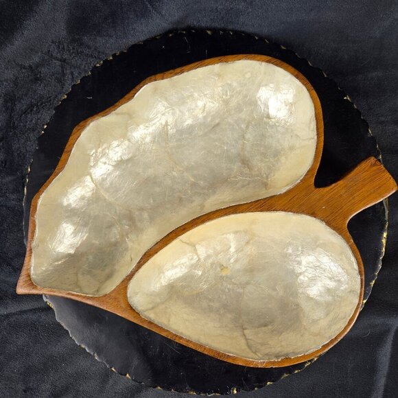 Vintage Two Section Leaf Dish Monkey Pod Wood with White Capiz Shell Inlay - Picture 1 of 11